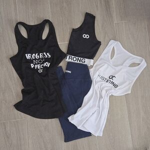 Just Strong Set Of 4 Items Workout Tanks Racerback Bra 7/8 Pants W Pocket Sz Med